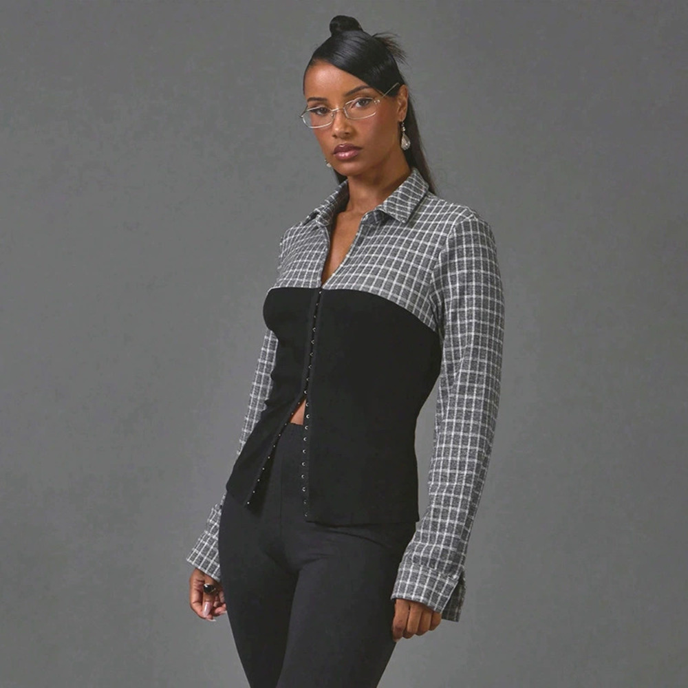 Zara Fall Plaid Patchwork Long Sleeve Button Front Cinched Waist Shirt Top